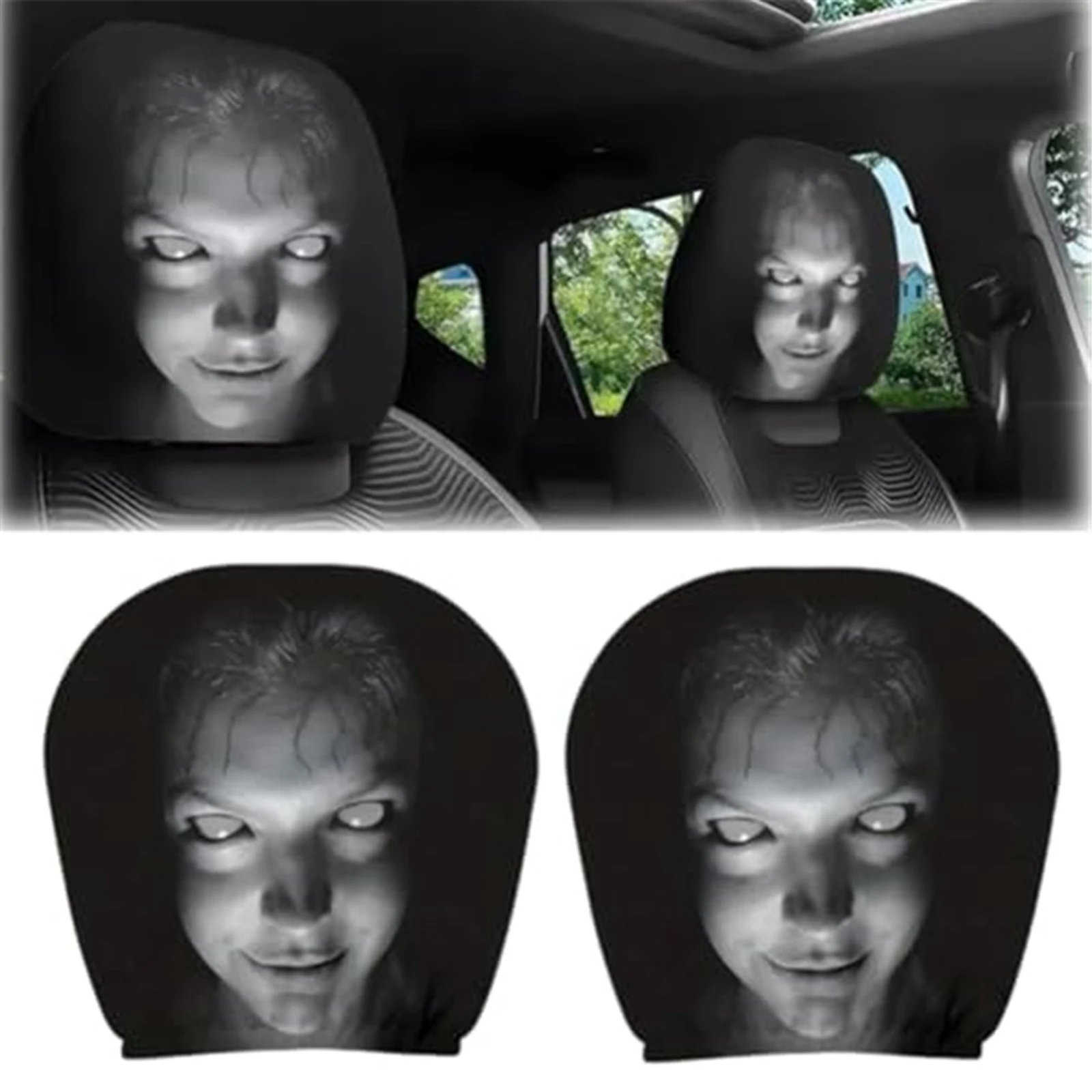 Halloween Car Headrest Cover, Scary Face Printing Car Seat Headrest Cover, Funny Face Masque Head Rest Protector for Sedan SUV