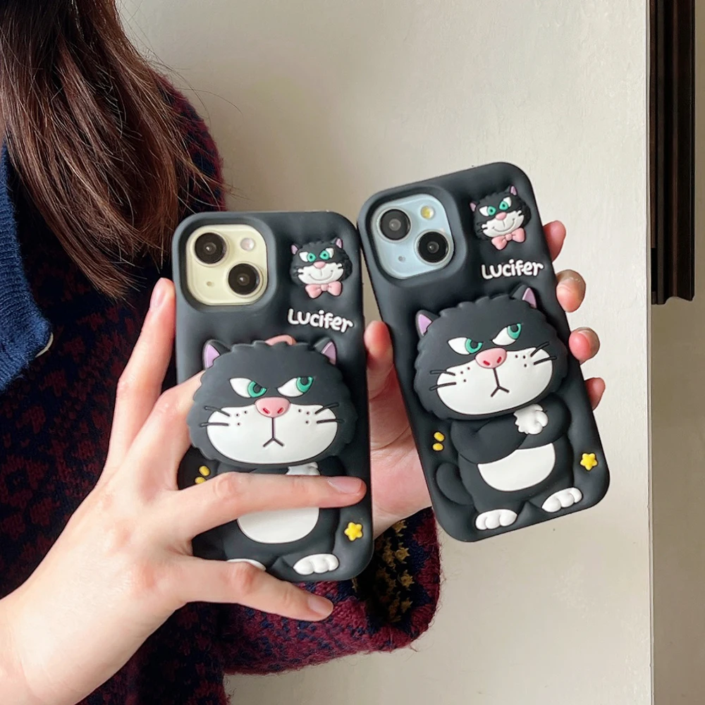 🐱 Cute 3D Lucifer Cat Silicone Phone Case with Stand